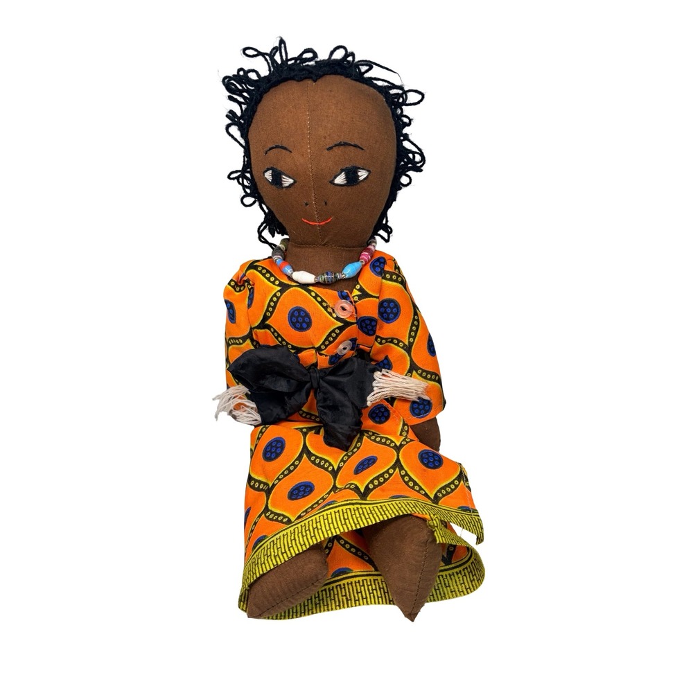 VTG Handmade African Folk‎ Art Cloth Doll Orange Geometric Dress Beaded Necklace